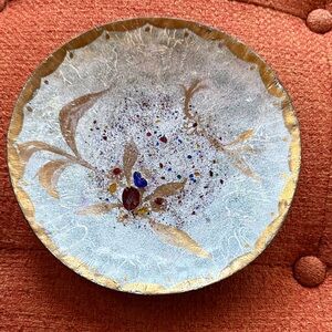 Vintage MCM Enamel on Copper Gold and Blue Abstract Decorative Art Plate